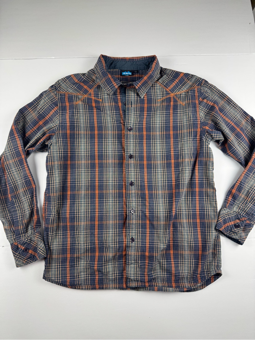 Kavu Men's Plaid Button-Down Shirt in Navy, Orange